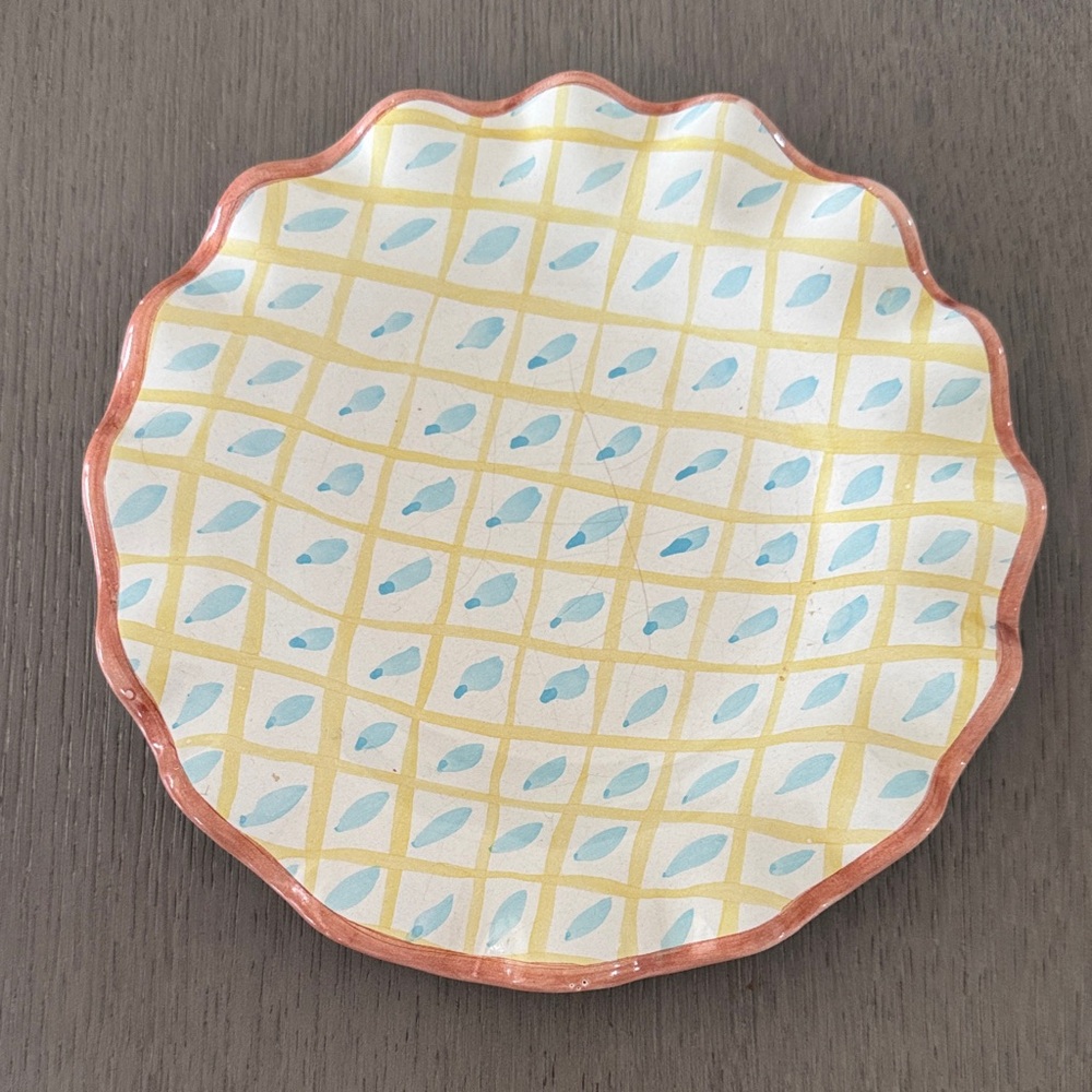 Mackenzie Childs Scalloped Ceramic Plate with Yellow and Blue Pattern